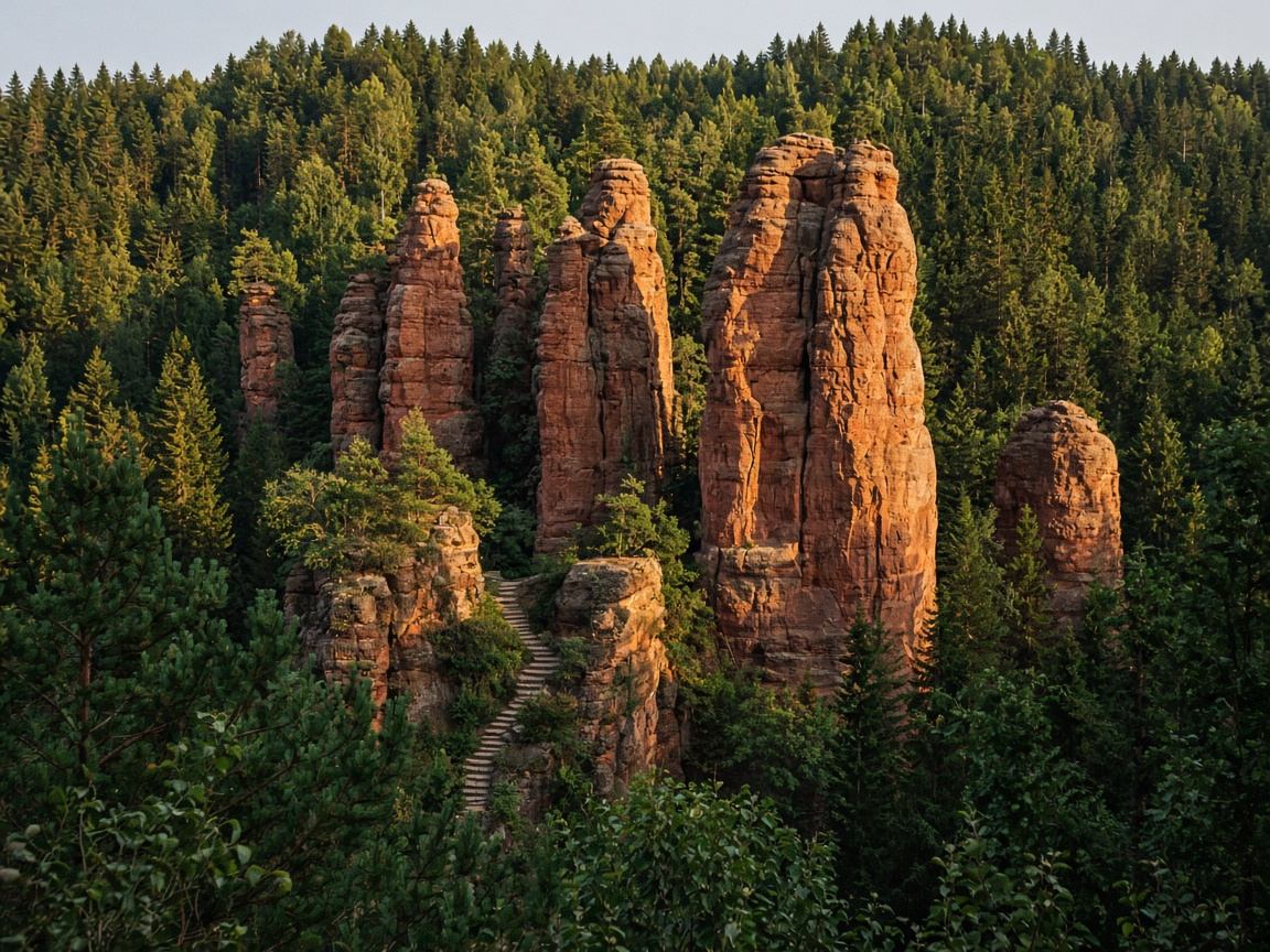 Hohe Sandsteintürme im Dahner Felsenland zwischen Kiefern und Waldschatten