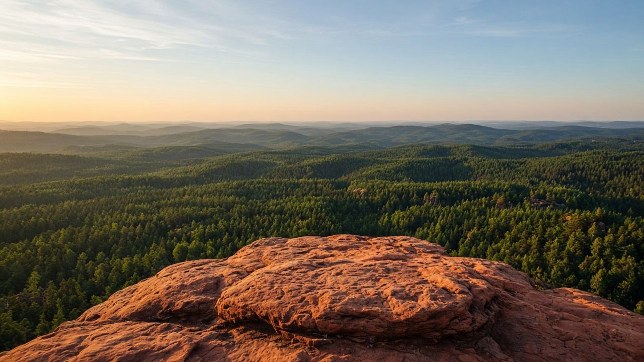 Weiter Panoramablick über bewaldete Sandsteinrücken im Pfälzerwald