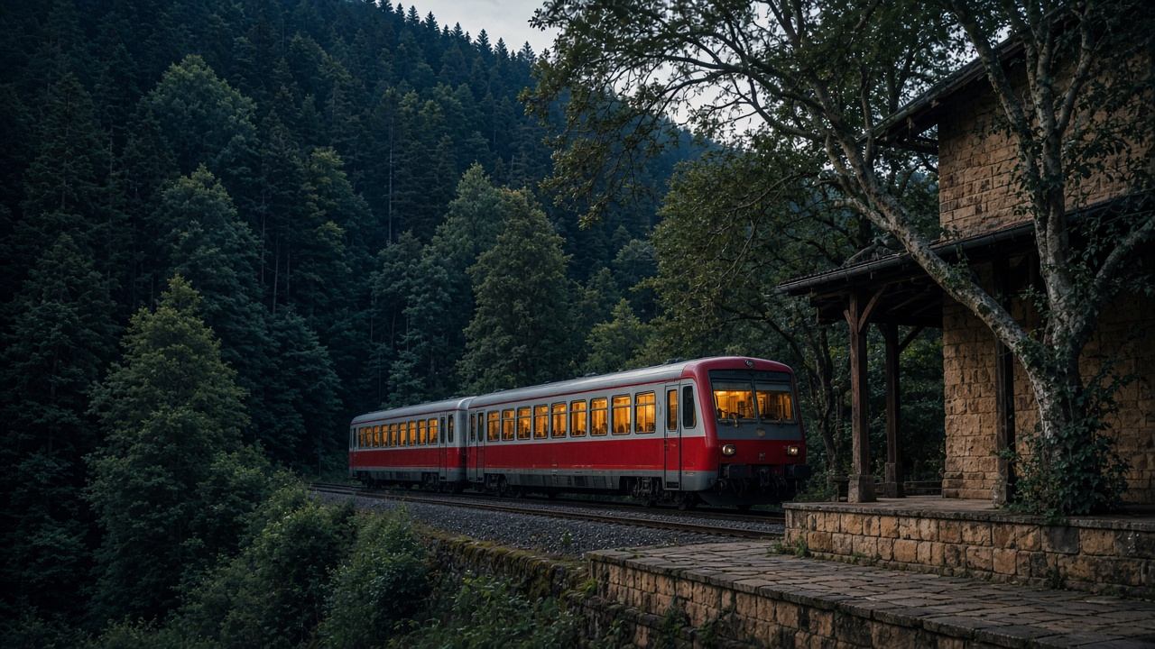 Regionalzug am Waldrand im Pfälzerwald bei Morgenlicht