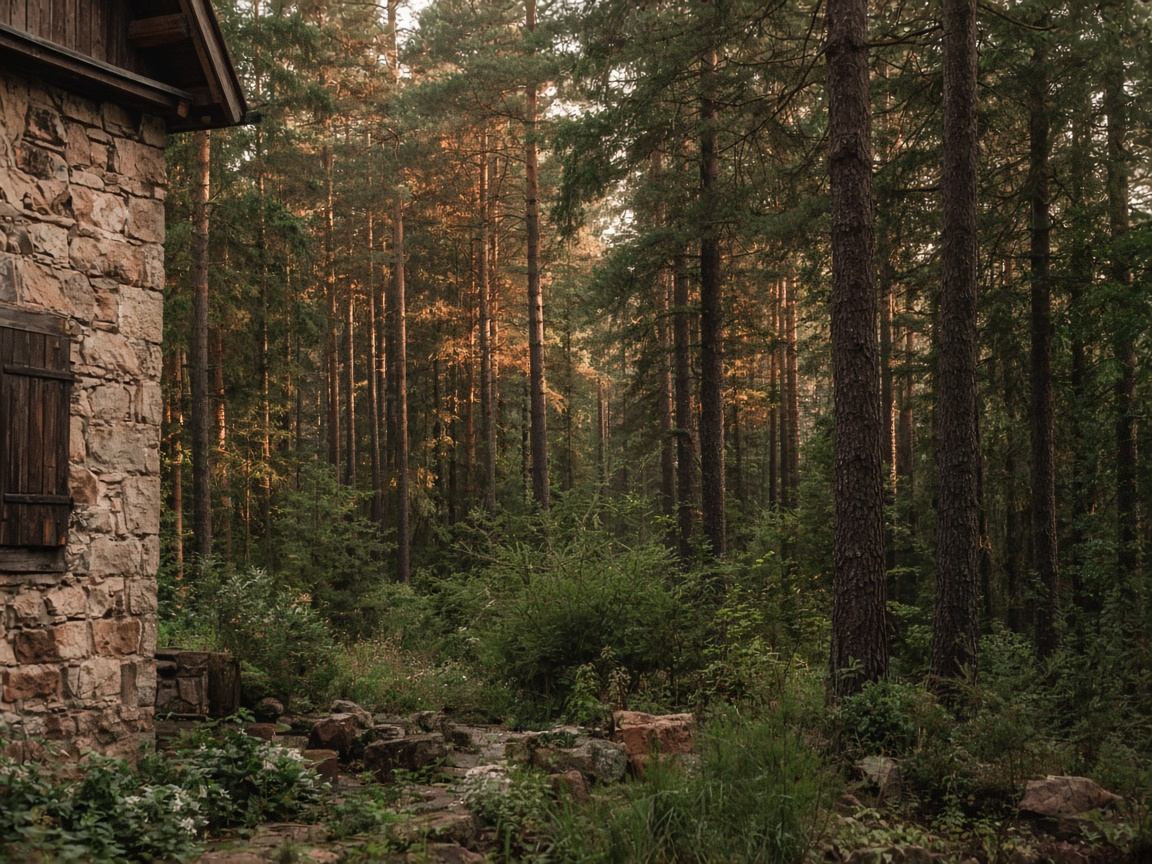 Ortsrand am Waldrand mit Sandsteinhäusern und Kiefern im Pfälzerwald